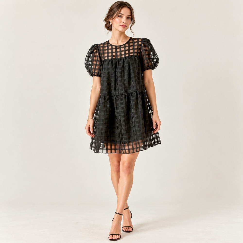 ANTHROPOLOGIE ENGLISH FACTORY Women's SMALL New Mini Dress Gridded Puff Sleeve